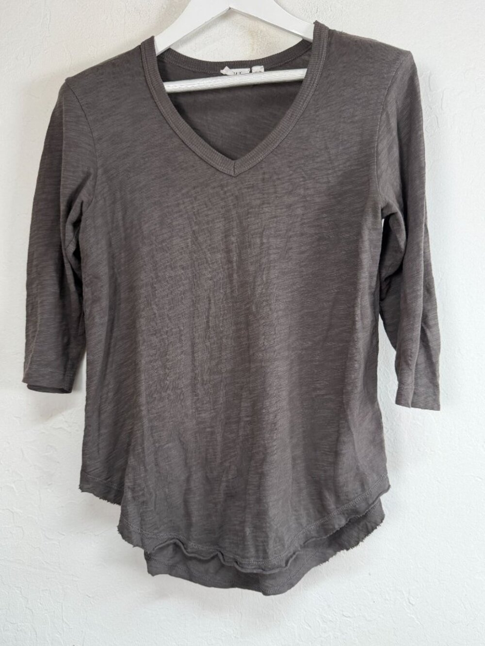 Wilt Womens Grey Slub Cotton V-Neck T-Shirt Tunic Top Small 3/4 Sleeve USA Made